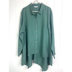Kleen 100% Linen Asymmetrical‎ Hem Buttondown Long Sleeve Blouse Size 1X
